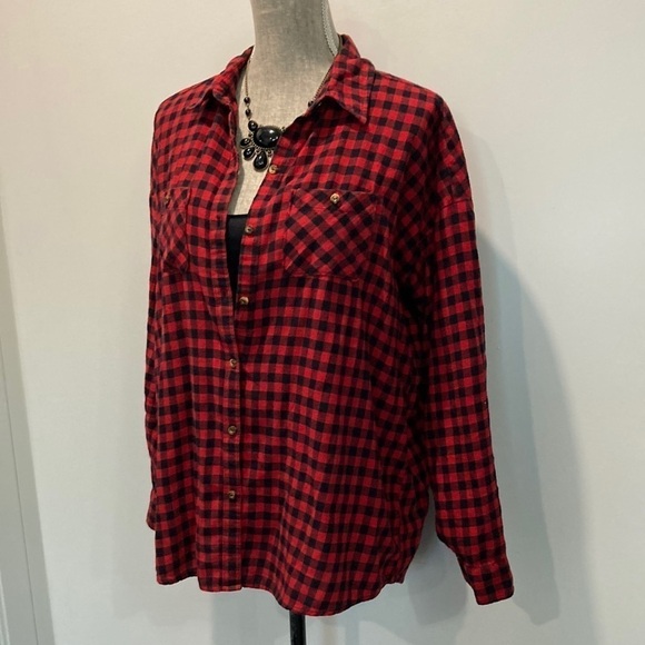 Forever21 Red Black Buffalo Plaid Long Sleeve Flannel Shirt Size Large Oversized - Picture 6 of 14